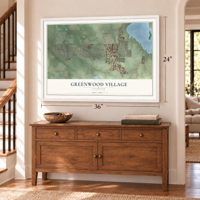Greenwood Village, Colorado map, 24 x 36 inch print in a white frame above a dresser by a staircase