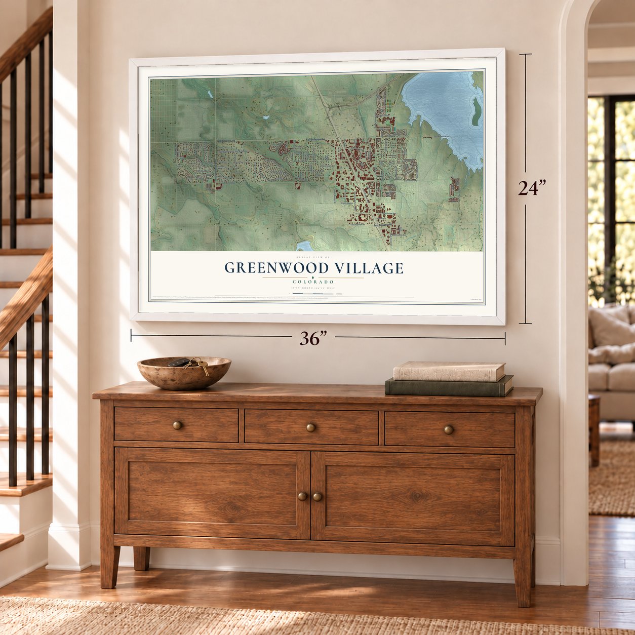 Greenwood Village, Colorado map, 24 x 36 inch print in a white frame above a dresser by a staircase
