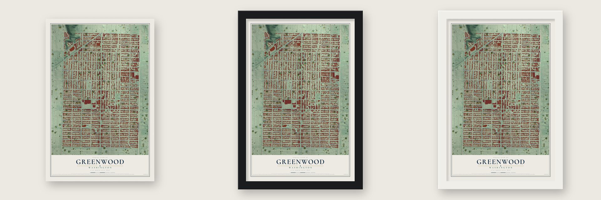 Greenwood, Washington map unframed, in a black wood frame and in a white wood frame