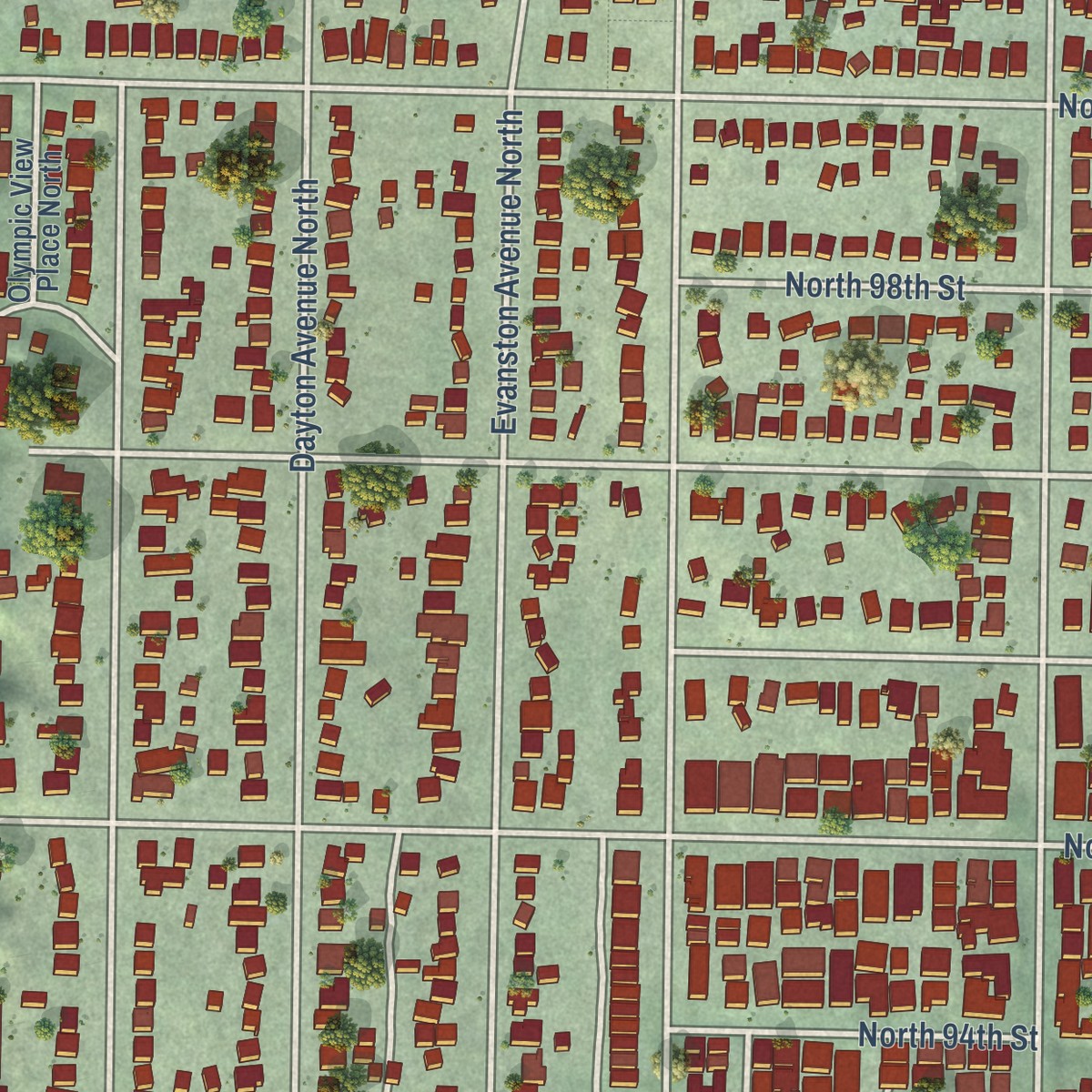 Second close-up of the map of Greenwood, Washington print showing more streets and buildings