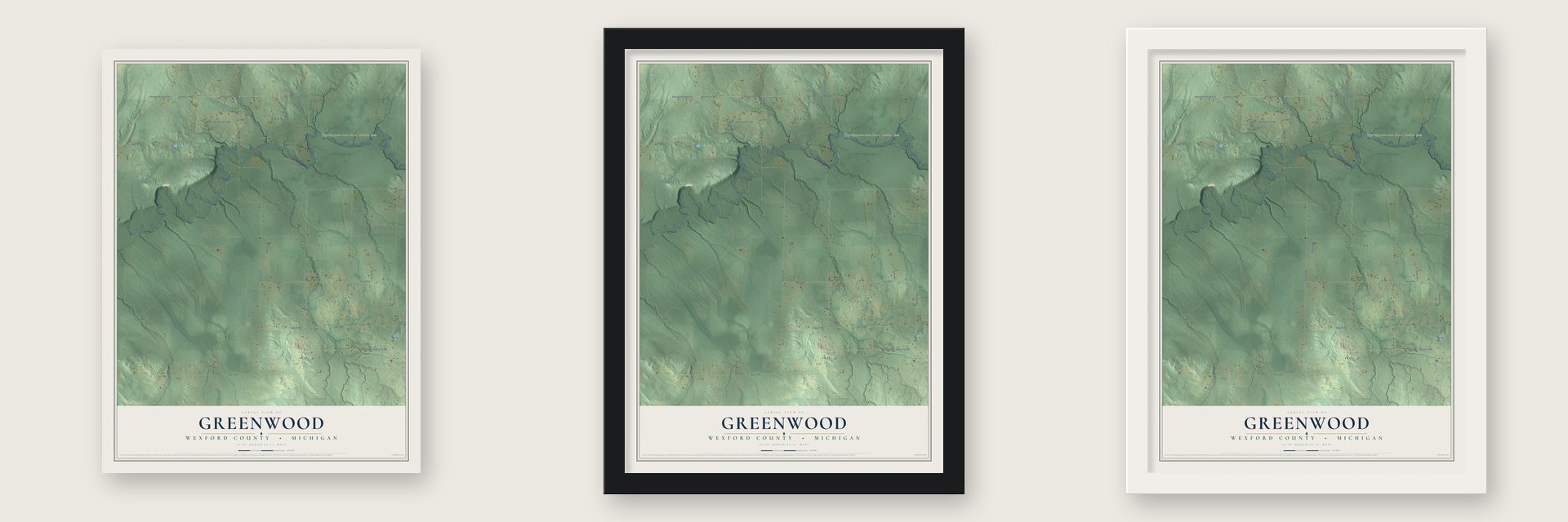 Greenwood, Wexford County, Michigan map unframed, in a black wood frame and in a white wood frame