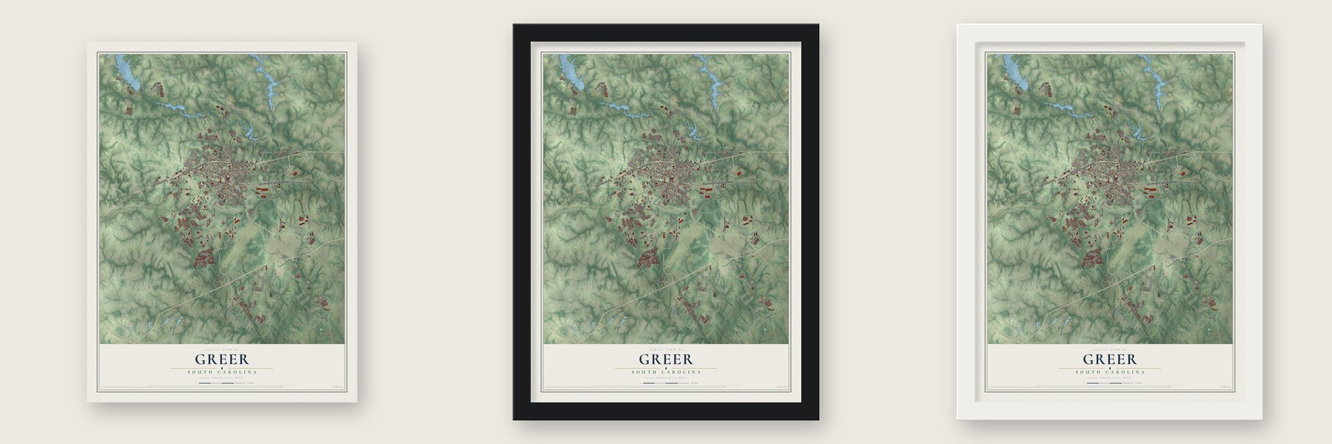 Greer, South Carolina map unframed, in a black wood frame and in a white wood frame