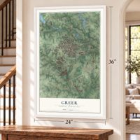 Greer, South Carolina map, 24 x 36 inch print in a white frame by a staircase