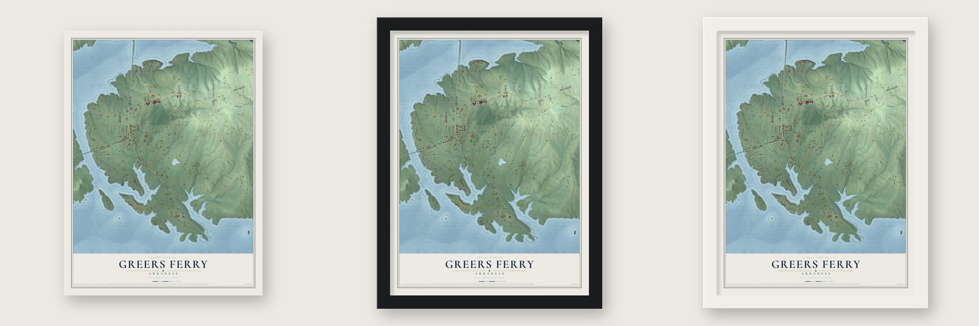 Greers Ferry, Arkansas map unframed, in a black wood frame and in a white wood frame