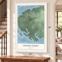 Greers Ferry, Arkansas map, 24 x 36 inch print in a white frame by a staircase