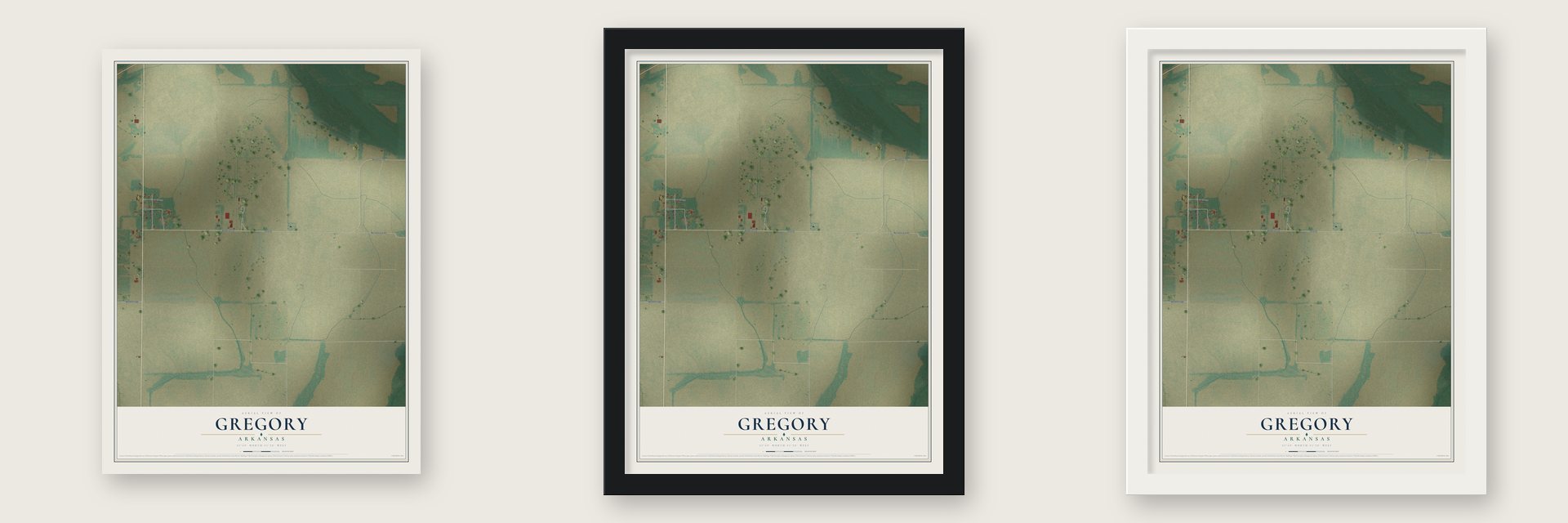 Gregory, Arkansas map unframed, in a black wood frame and in a white wood frame