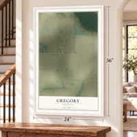 Gregory, Arkansas map, 24 x 36 inch print in a white frame by a staircase
