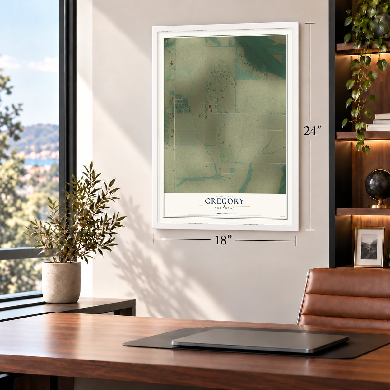 Gregory, Arkansas map, 18 x 24 inch print in a white frame in a home office