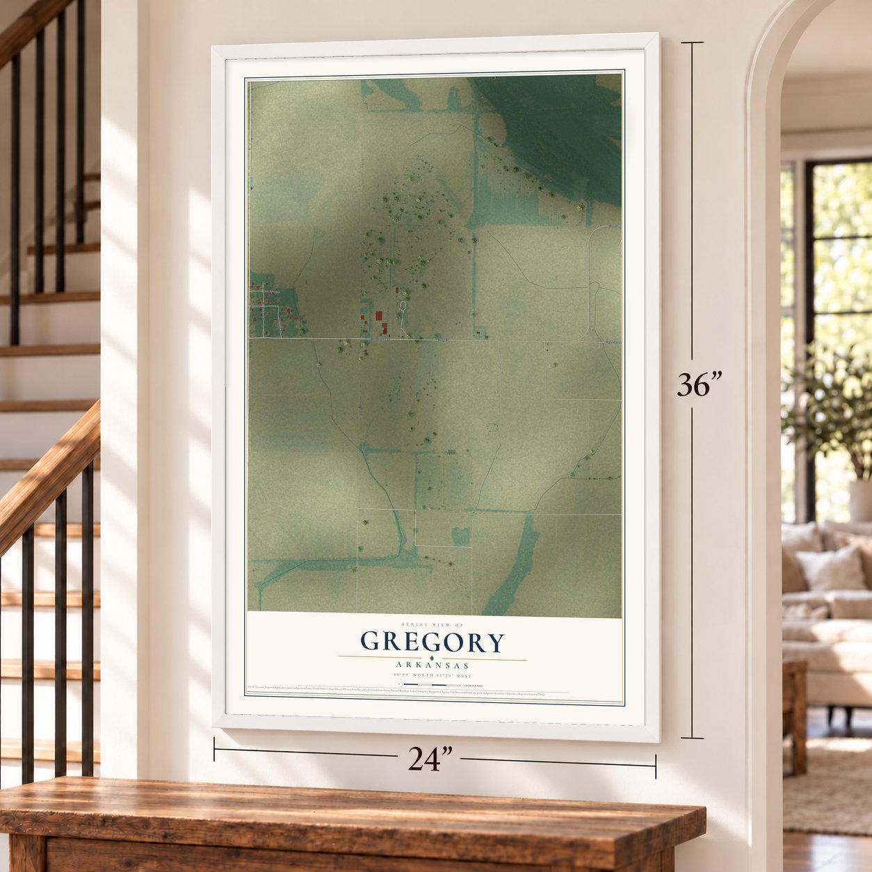 Gregory, Arkansas map, 24 x 36 inch print in a white frame by a staircase