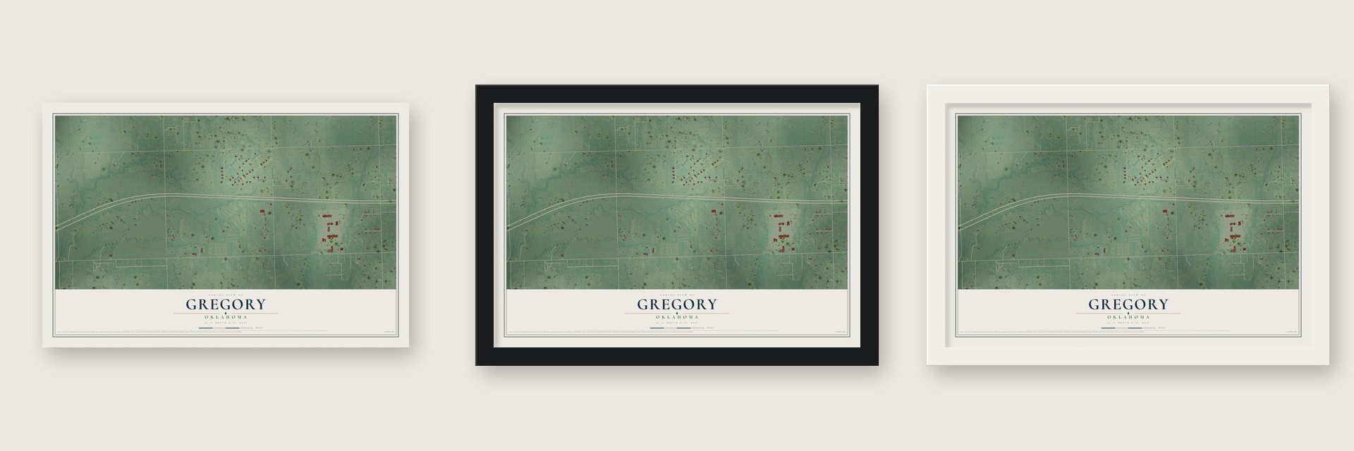 Gregory, Oklahoma map unframed, in a black wood frame and in a white wood frame