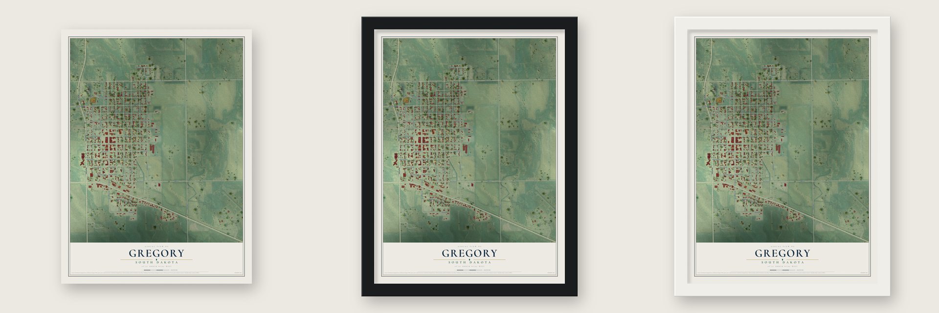 Gregory, South Dakota map unframed, in a black wood frame and in a white wood frame