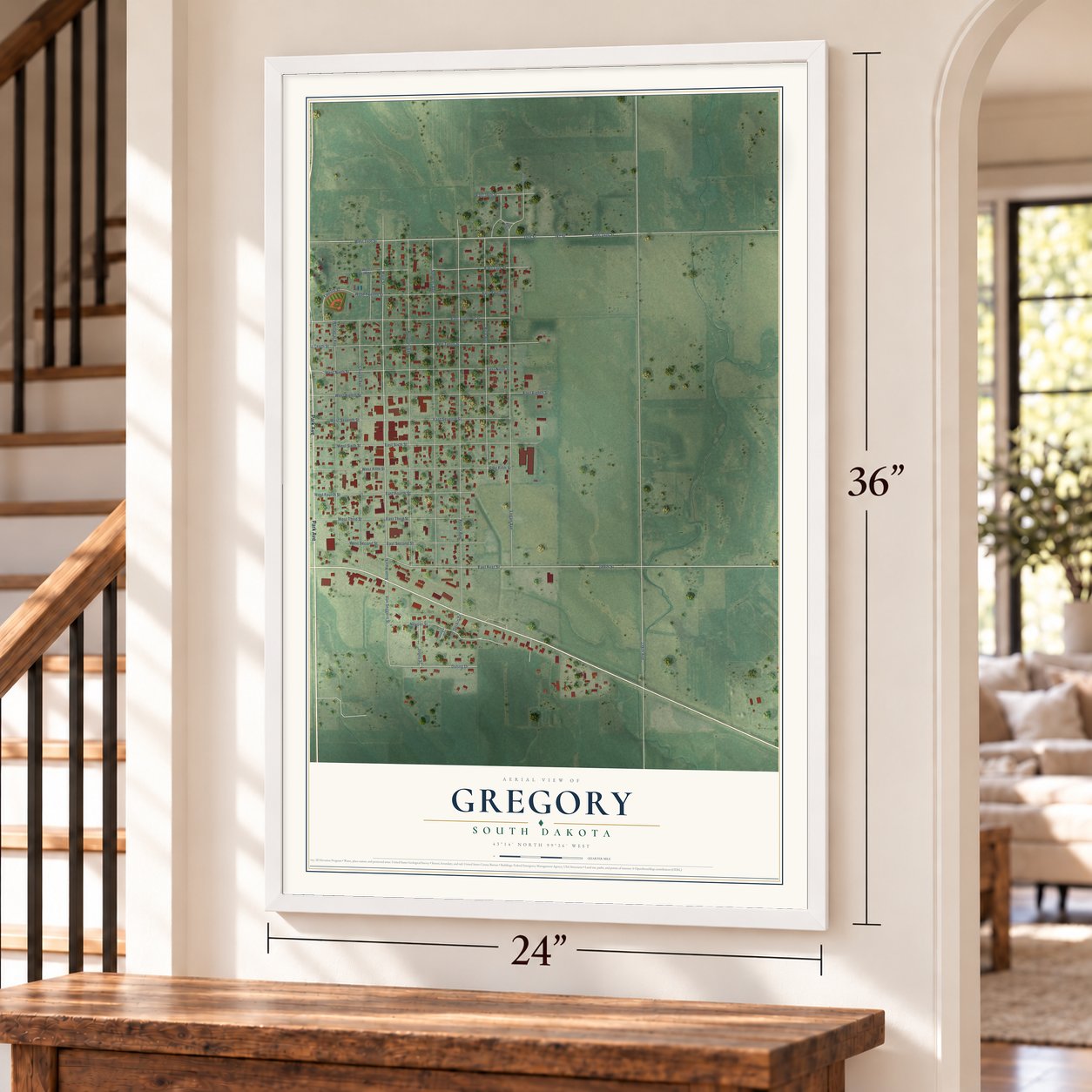 Gregory, South Dakota map, 24 x 36 inch print in a white frame by a staircase