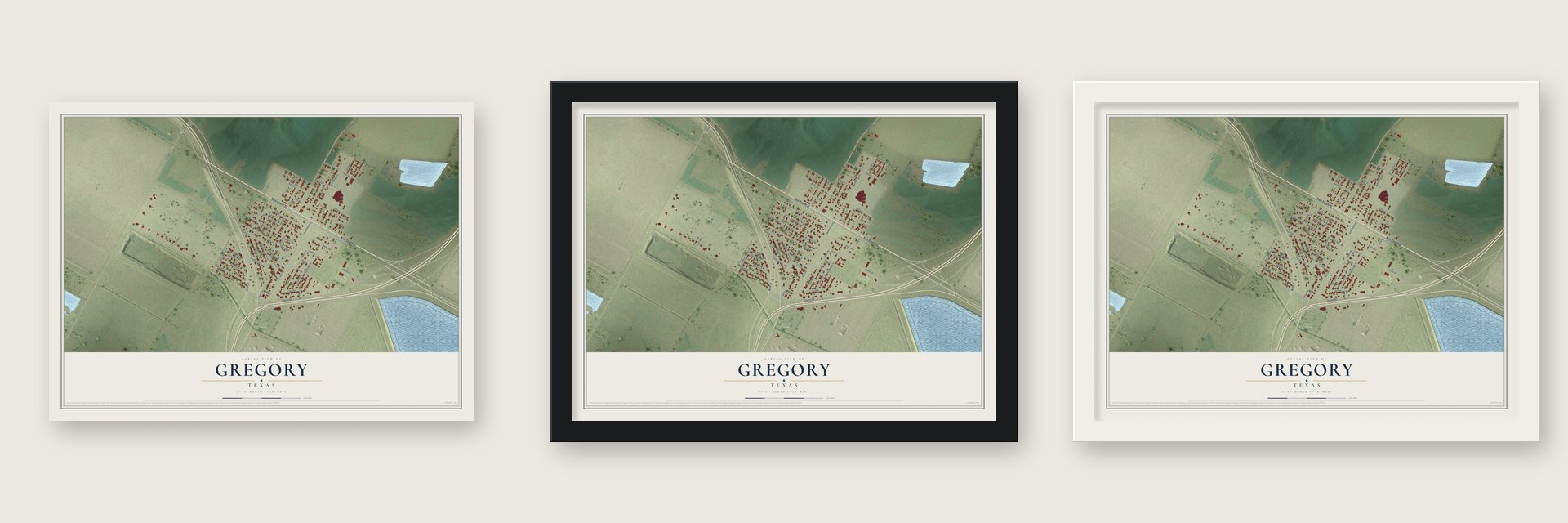 Gregory, Texas map unframed, in a black wood frame and in a white wood frame