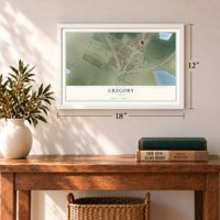 Gregory, Texas map, 12 x 18 inch print in a white frame in an entryway