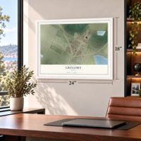 Gregory, Texas map, 18 x 24 inch print in a white frame in a home office