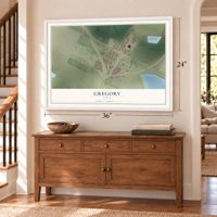 Gregory, Texas map, 24 x 36 inch print in a white frame above a dresser by a staircase