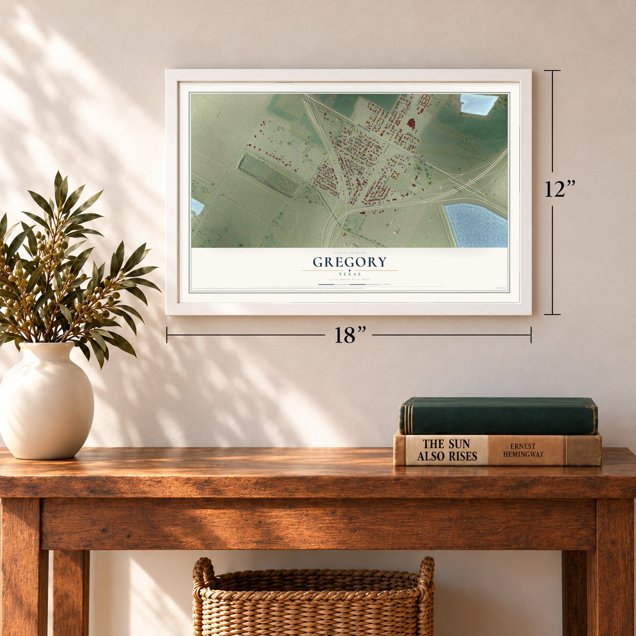 Gregory, Texas map, 12 x 18 inch print in a white frame in an entryway