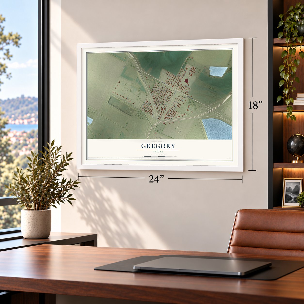 Gregory, Texas map, 18 x 24 inch print in a white frame in a home office