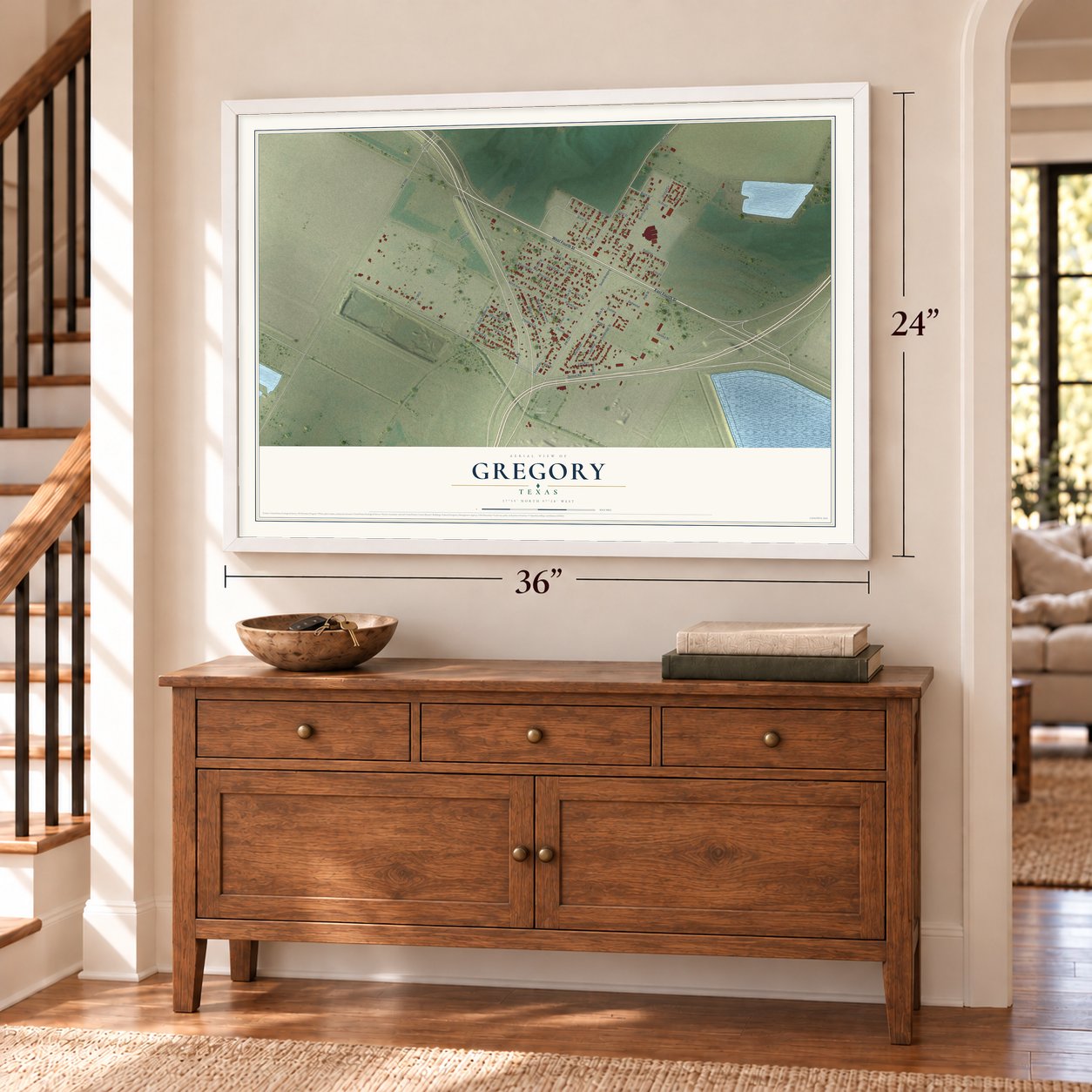 Gregory, Texas map, 24 x 36 inch print in a white frame above a dresser by a staircase