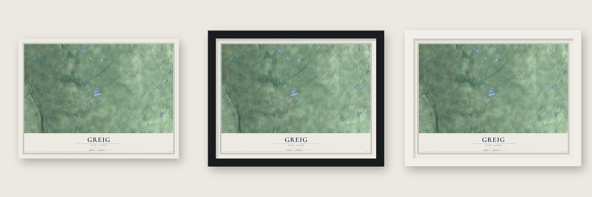Greig, New York map unframed, in a black wood frame and in a white wood frame