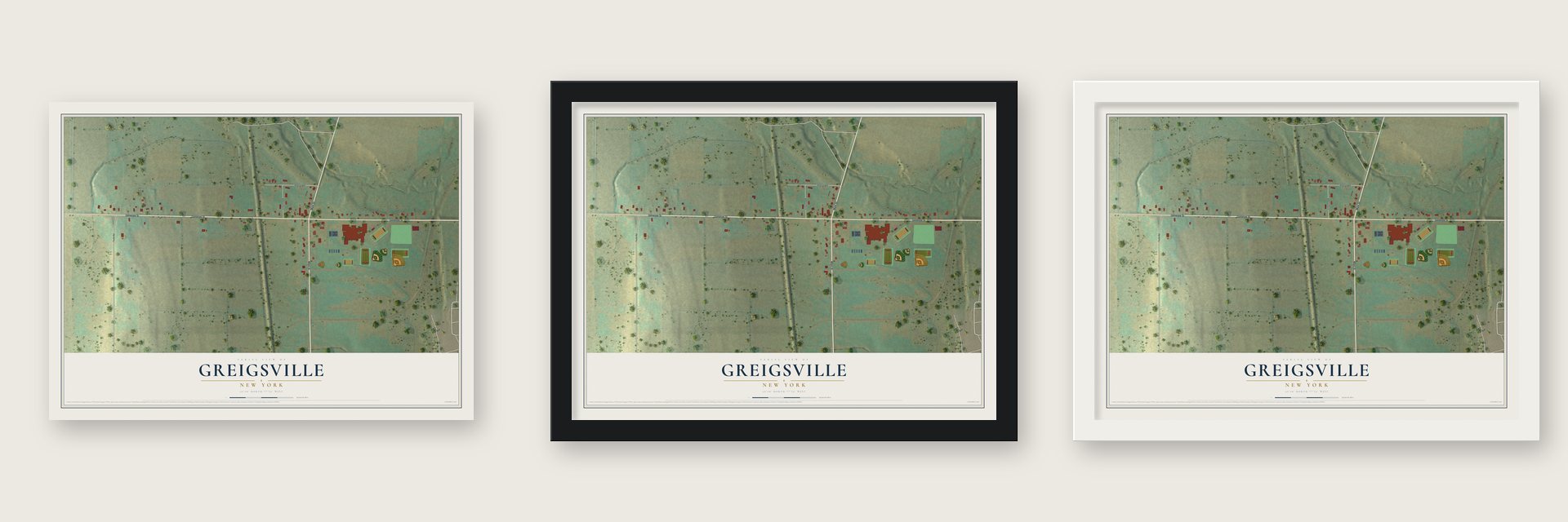 Greigsville, New York map unframed, in a black wood frame and in a white wood frame
