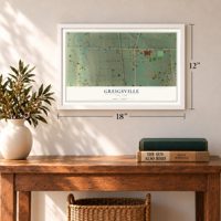 Greigsville, New York map, 12 x 18 inch print in a white frame in an entryway