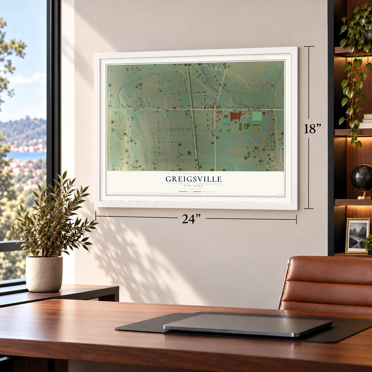 Greigsville, New York map, 18 x 24 inch print in a white frame in a home office