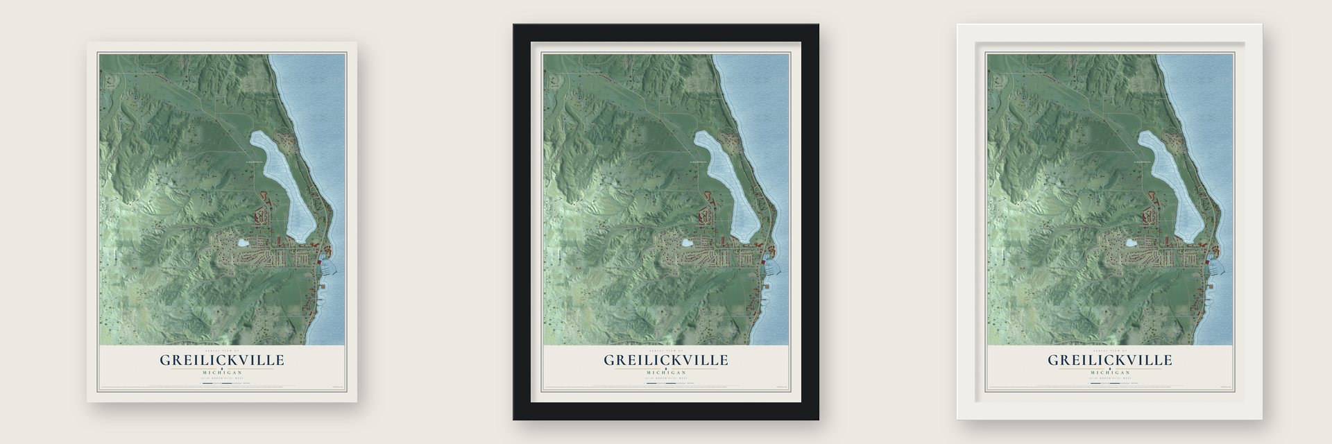 Greilickville, Michigan map unframed, in a black wood frame and in a white wood frame