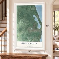 Greilickville, Michigan map, 24 x 36 inch print in a white frame by a staircase