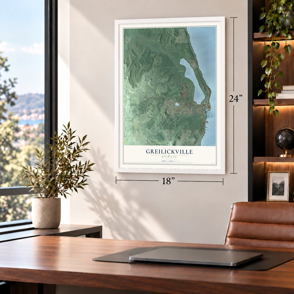 Greilickville, Michigan map, 18 x 24 inch print in a white frame in a home office