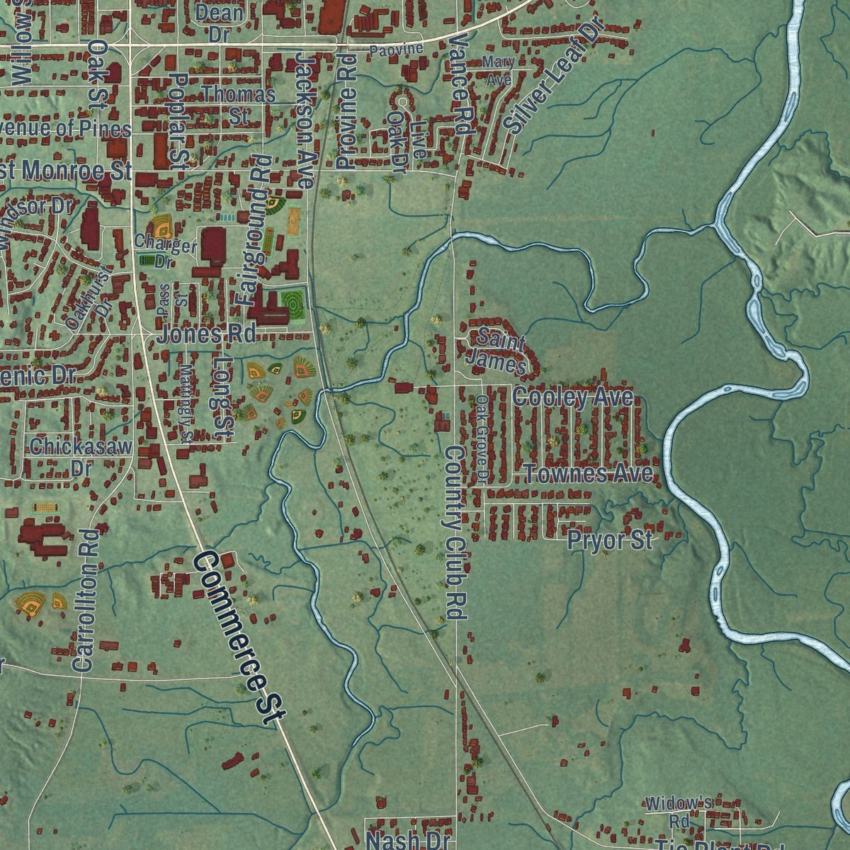 Second close-up of the map of Grenada, Mississippi print showing more streets and buildings