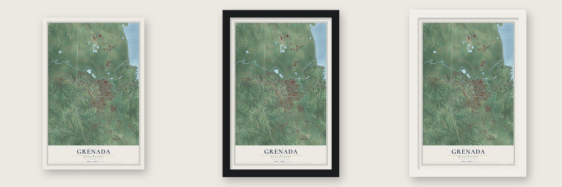 Grenada, Mississippi map unframed, in a black wood frame and in a white wood frame