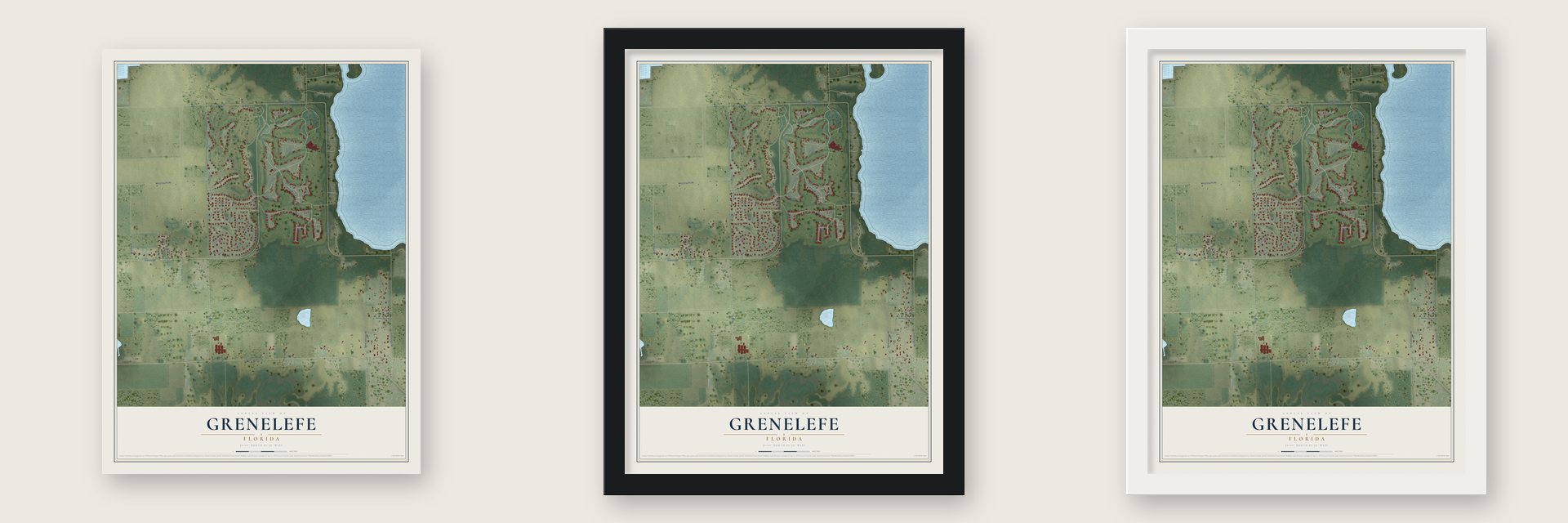 Grenelefe, Florida map unframed, in a black wood frame and in a white wood frame