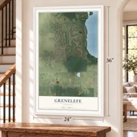 Grenelefe, Florida map, 24 x 36 inch print in a white frame by a staircase
