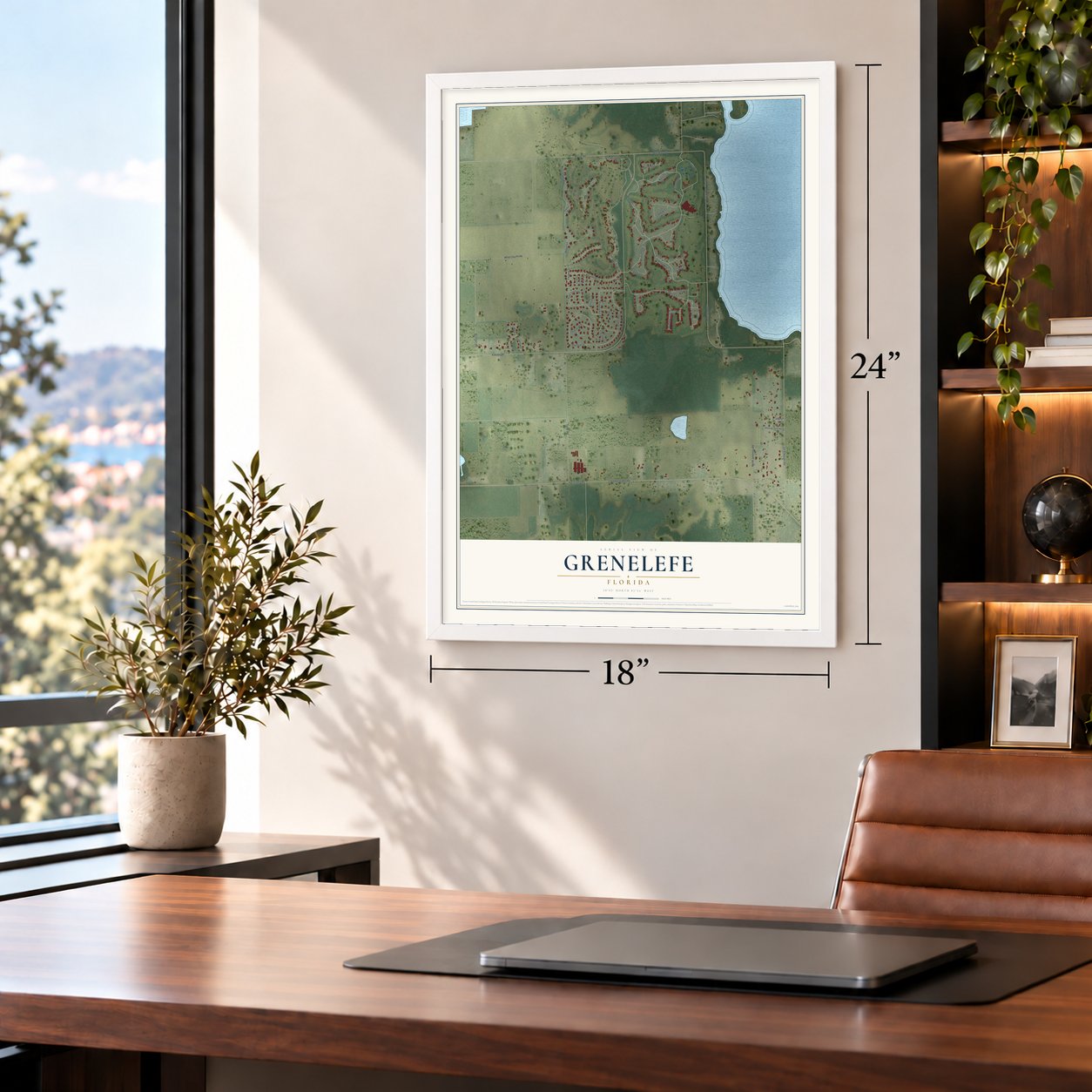 Grenelefe, Florida map, 18 x 24 inch print in a white frame in a home office