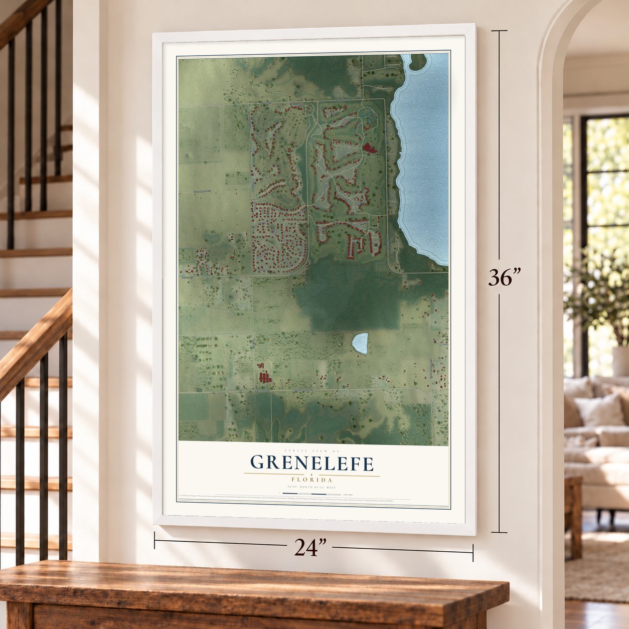 Grenelefe, Florida map, 24 x 36 inch print in a white frame by a staircase