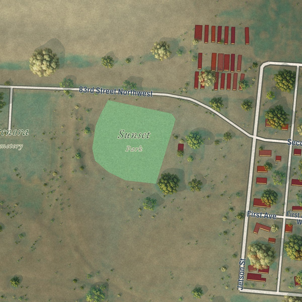 Second close-up of the map of Grenora, North Dakota print showing more streets and buildings
