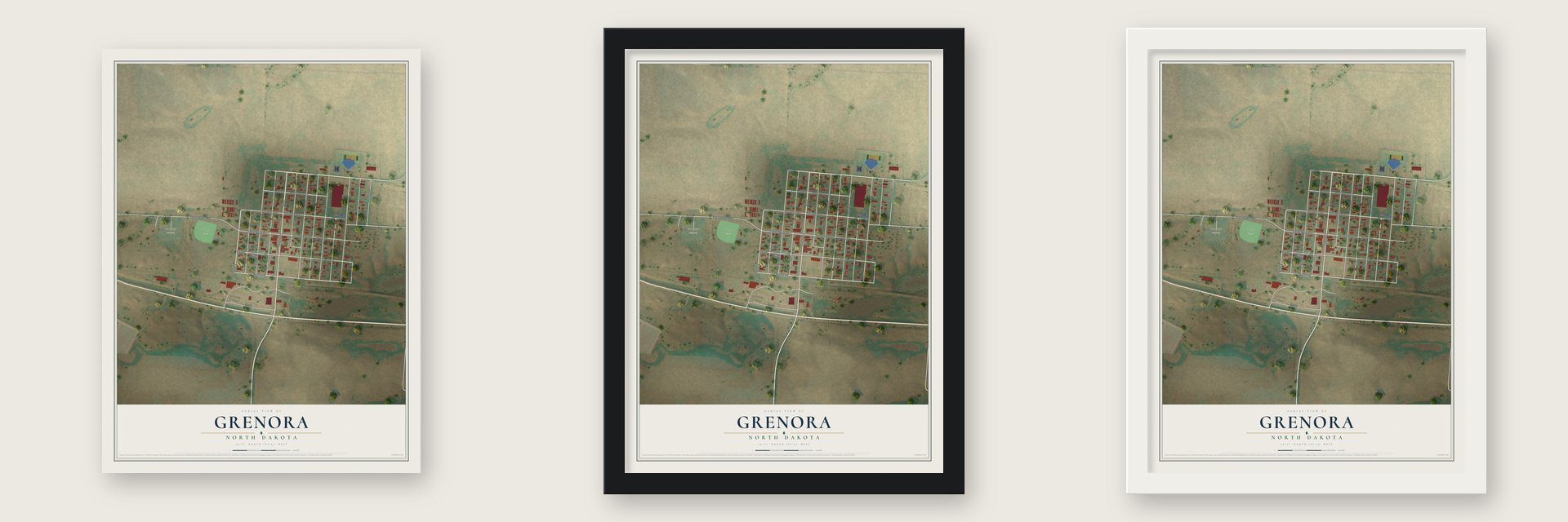 Grenora, North Dakota map unframed, in a black wood frame and in a white wood frame