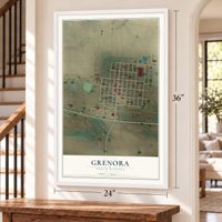 Grenora, North Dakota map, 24 x 36 inch print in a white frame by a staircase