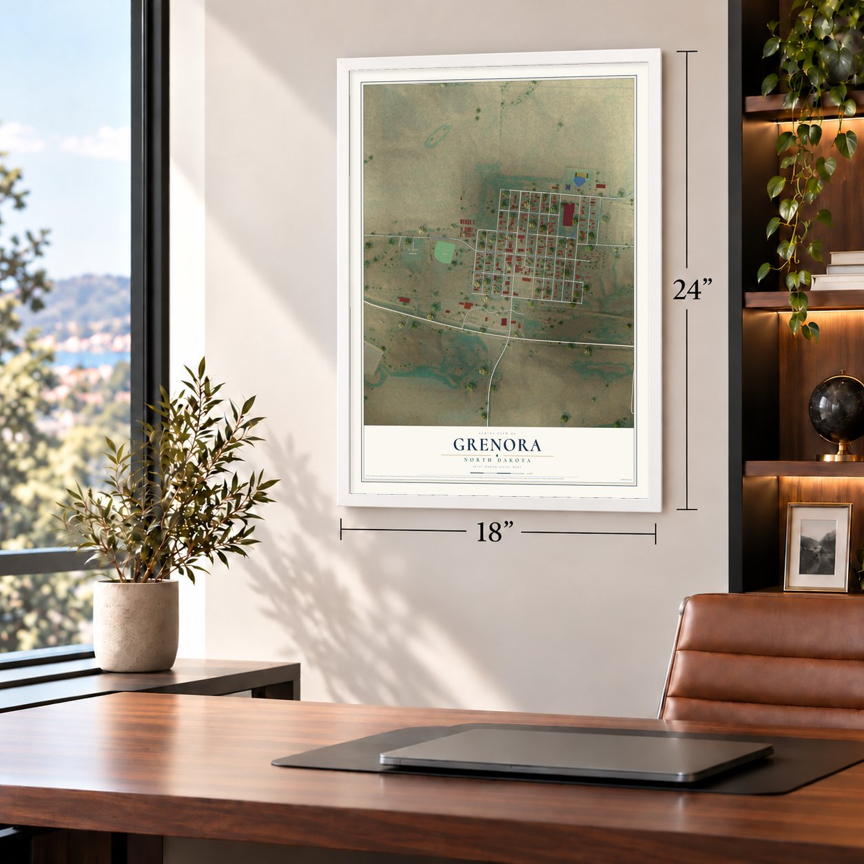 Grenora, North Dakota map, 18 x 24 inch print in a white frame in a home office