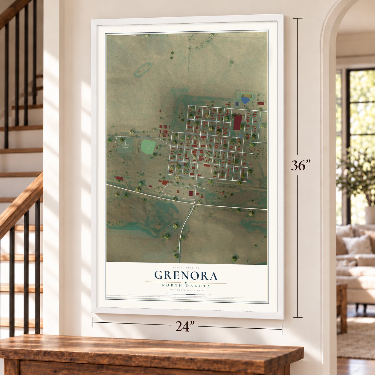 Grenora, North Dakota map, 24 x 36 inch print in a white frame by a staircase