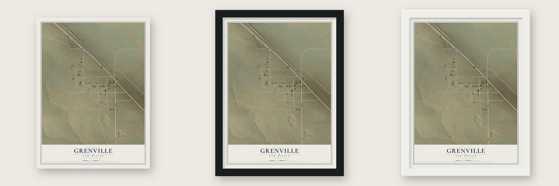 Grenville, New Mexico map unframed, in a black wood frame and in a white wood frame