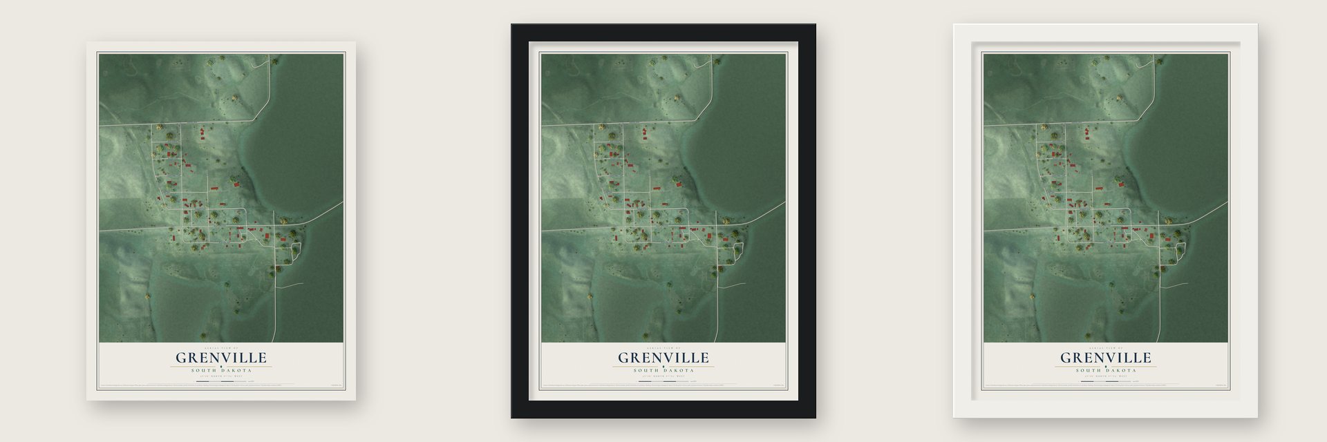 Grenville, South Dakota map unframed, in a black wood frame and in a white wood frame