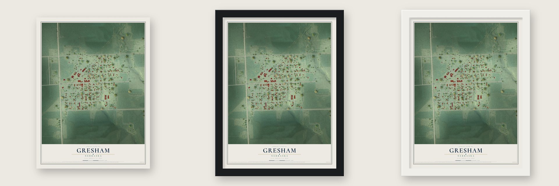 Gresham, Nebraska map unframed, in a black wood frame and in a white wood frame