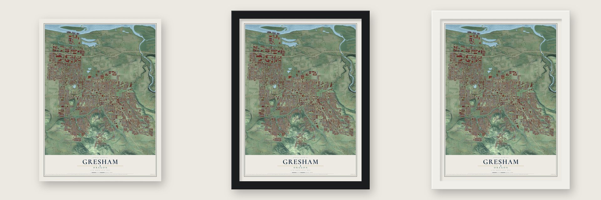 Gresham, Oregon map unframed, in a black wood frame and in a white wood frame