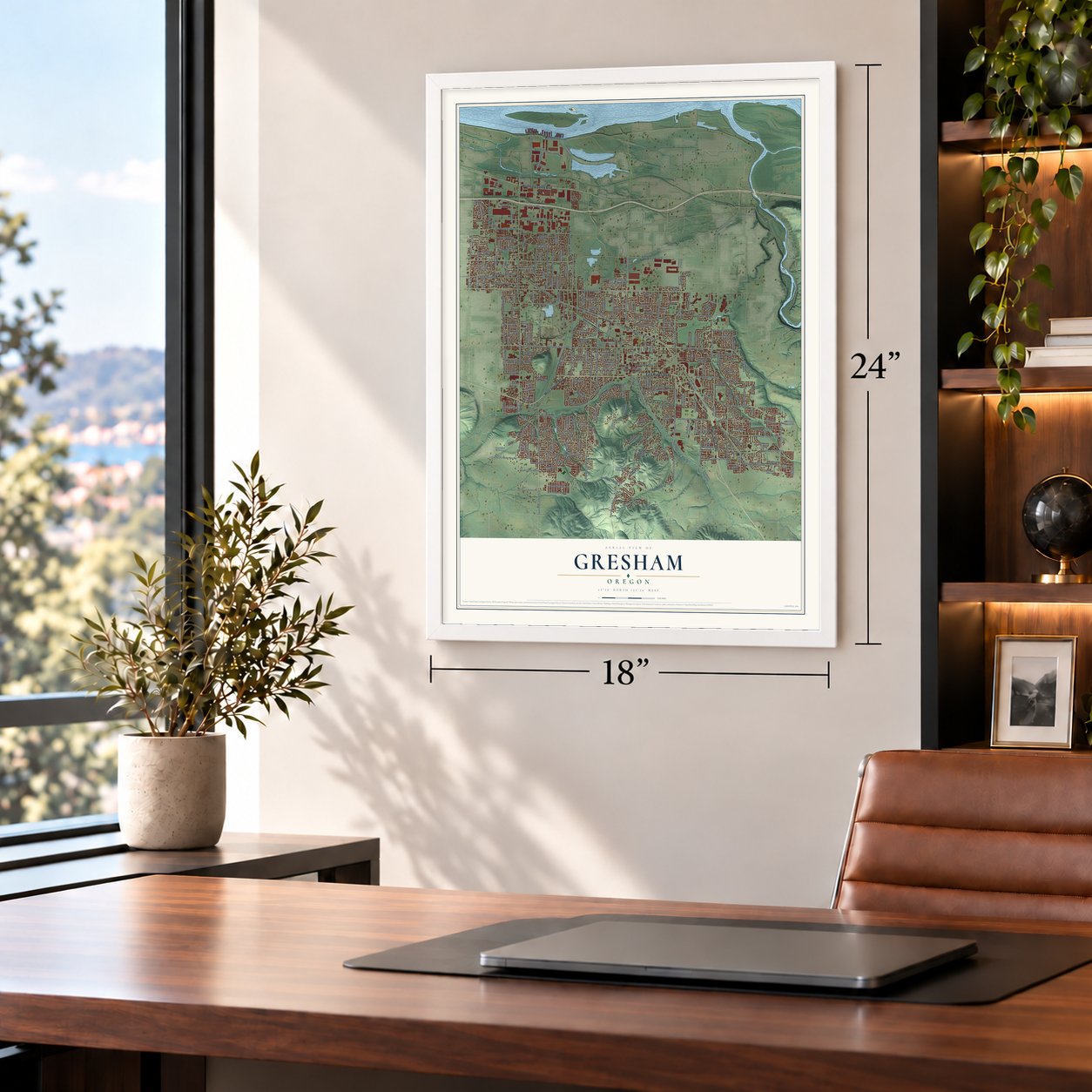 Gresham, Oregon map, 18 x 24 inch print in a white frame in a home office