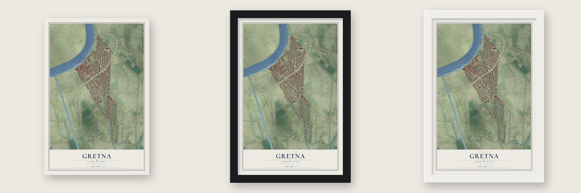 Gretna, Louisiana map unframed, in a black wood frame and in a white wood frame