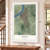 Gretna, Louisiana map, 24 x 36 inch print in a white frame by a staircase