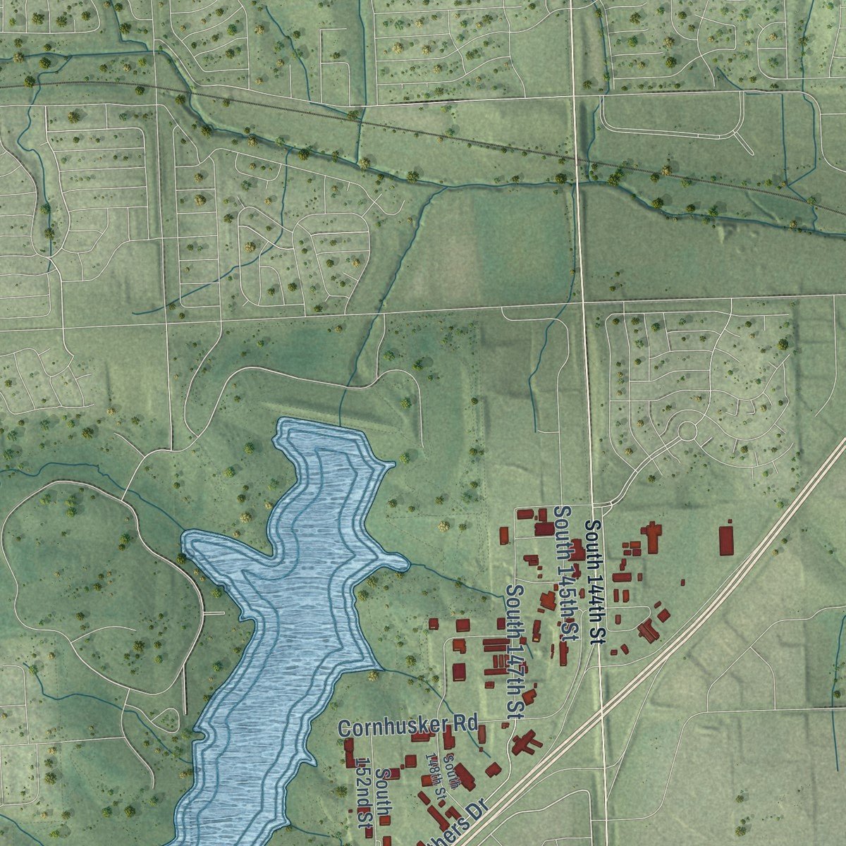 Second close-up of the map of Gretna, Nebraska print showing more streets and buildings