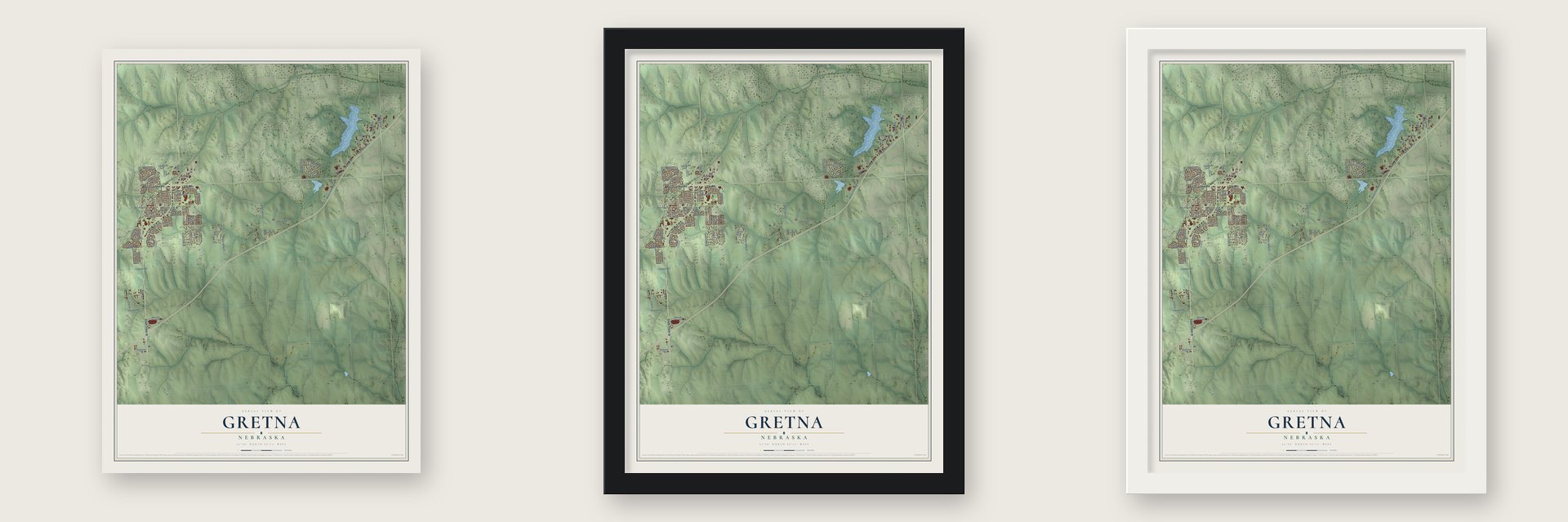 Gretna, Nebraska map unframed, in a black wood frame and in a white wood frame